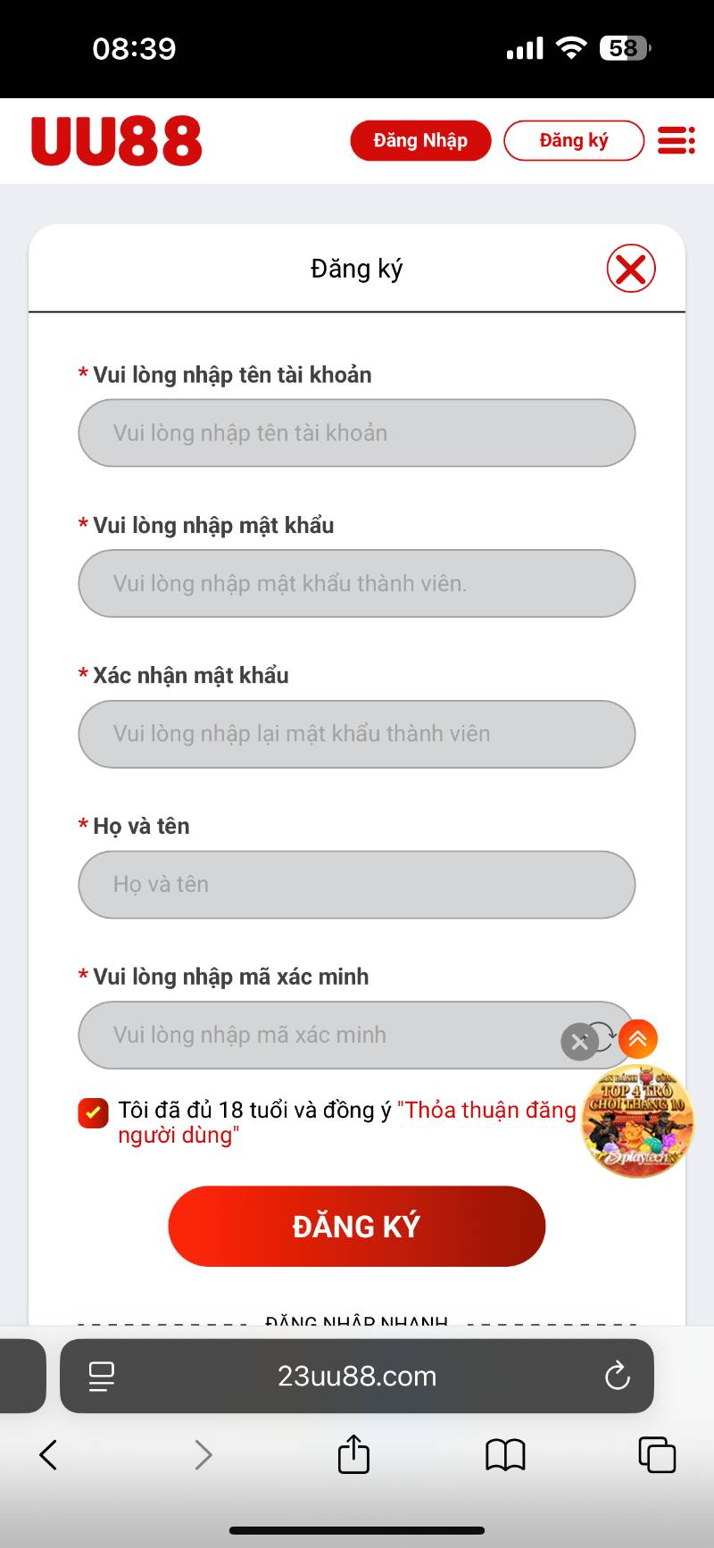 Hướng Dẫn Đăng Ký UU88 Để Bắt Đầu Cá Cược Chuyên Nghiệp 4 Đăng ký UU88 trên điện thoại