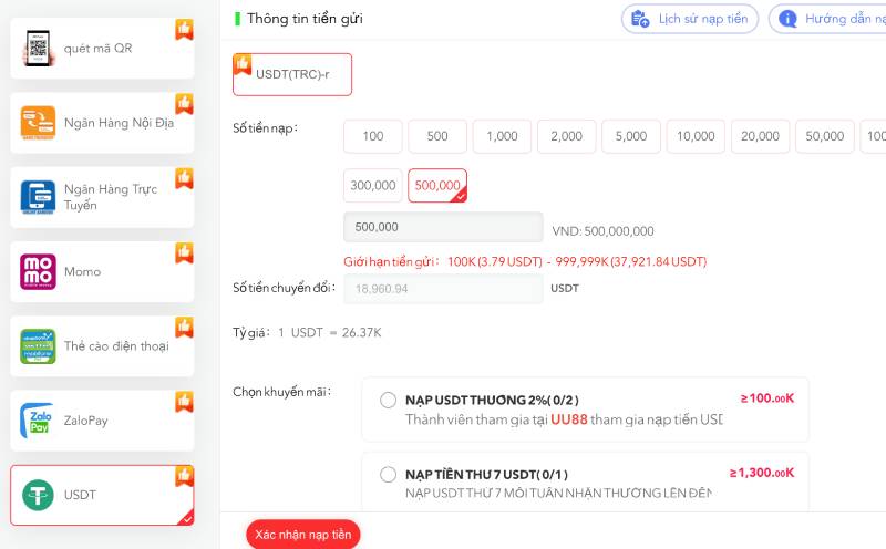 Hướng Dẫn Nạp Tiền UU88 Chi Tiết Và Nhanh Chóng Cho Newbie 5 Nạp bằng USDT (Tiền điện tử)
