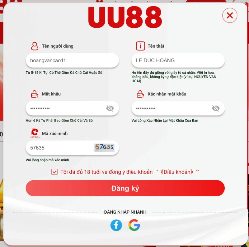 Hướng Dẫn Đăng Ký UU88 Để Bắt Đầu Cá Cược Chuyên Nghiệp 3 Nhap thong tin dang ky uu88