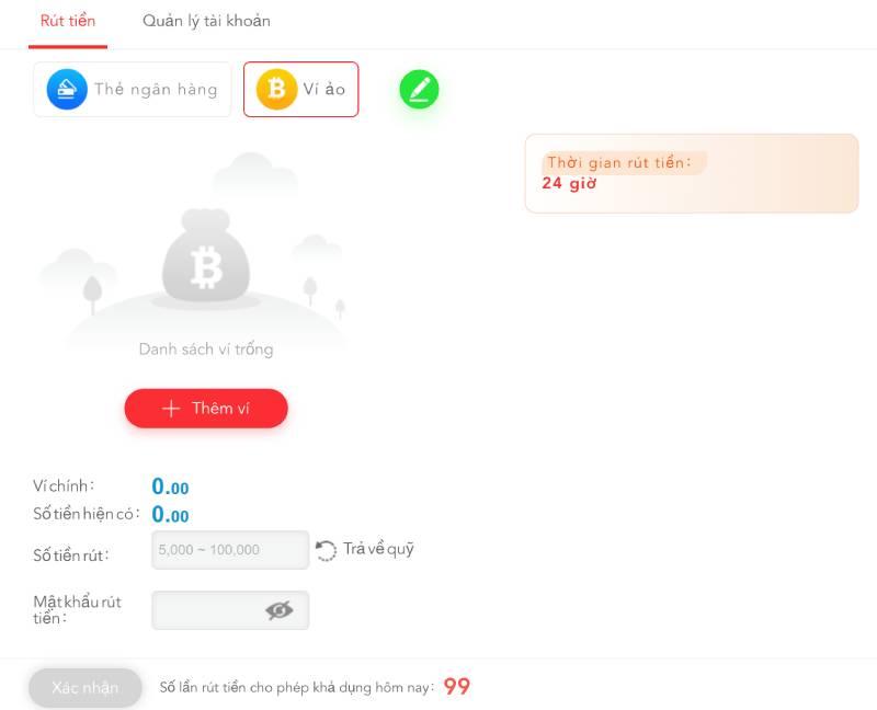 Rút tiền qua ví ảo (USDT, Bitcoin)